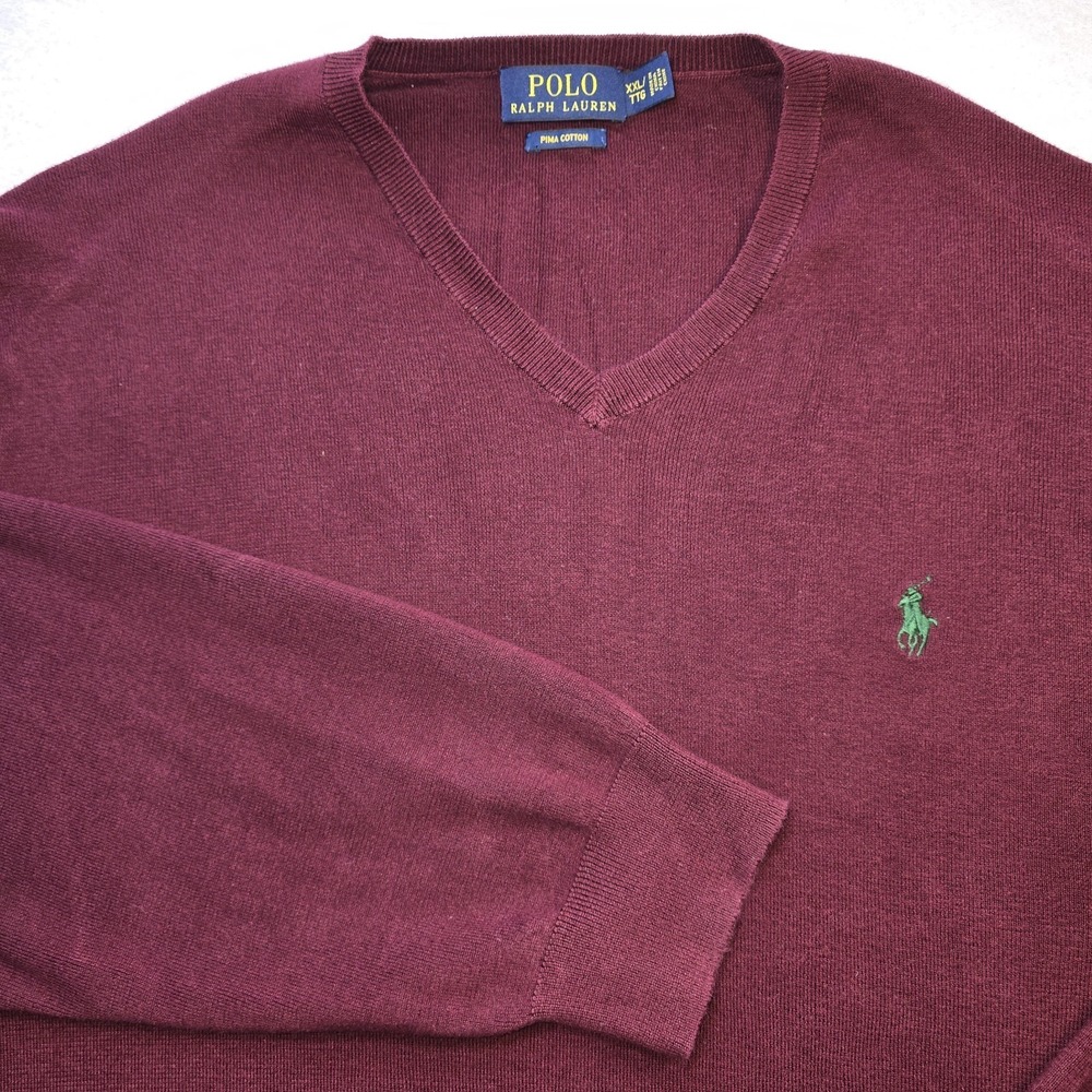 Polo‎ Ralph Lauren Men XXL Burgundy V-Neck Sweater 100% Pima Cotton Green Pony